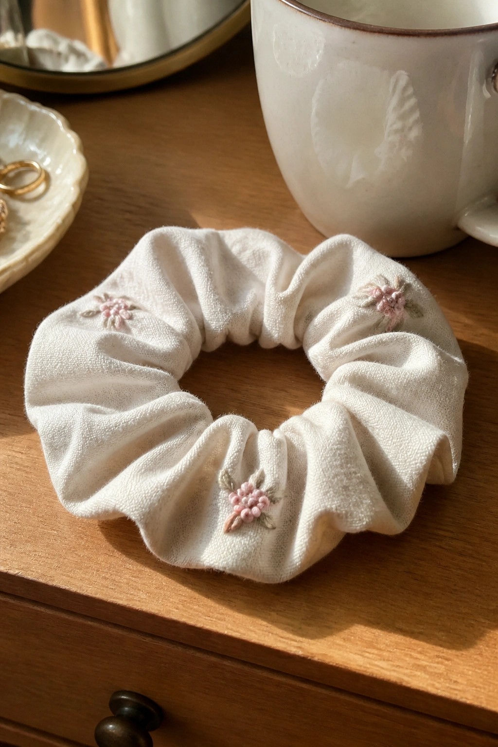 White scrunchie with pink floral embroidery on wooden surface beside mug