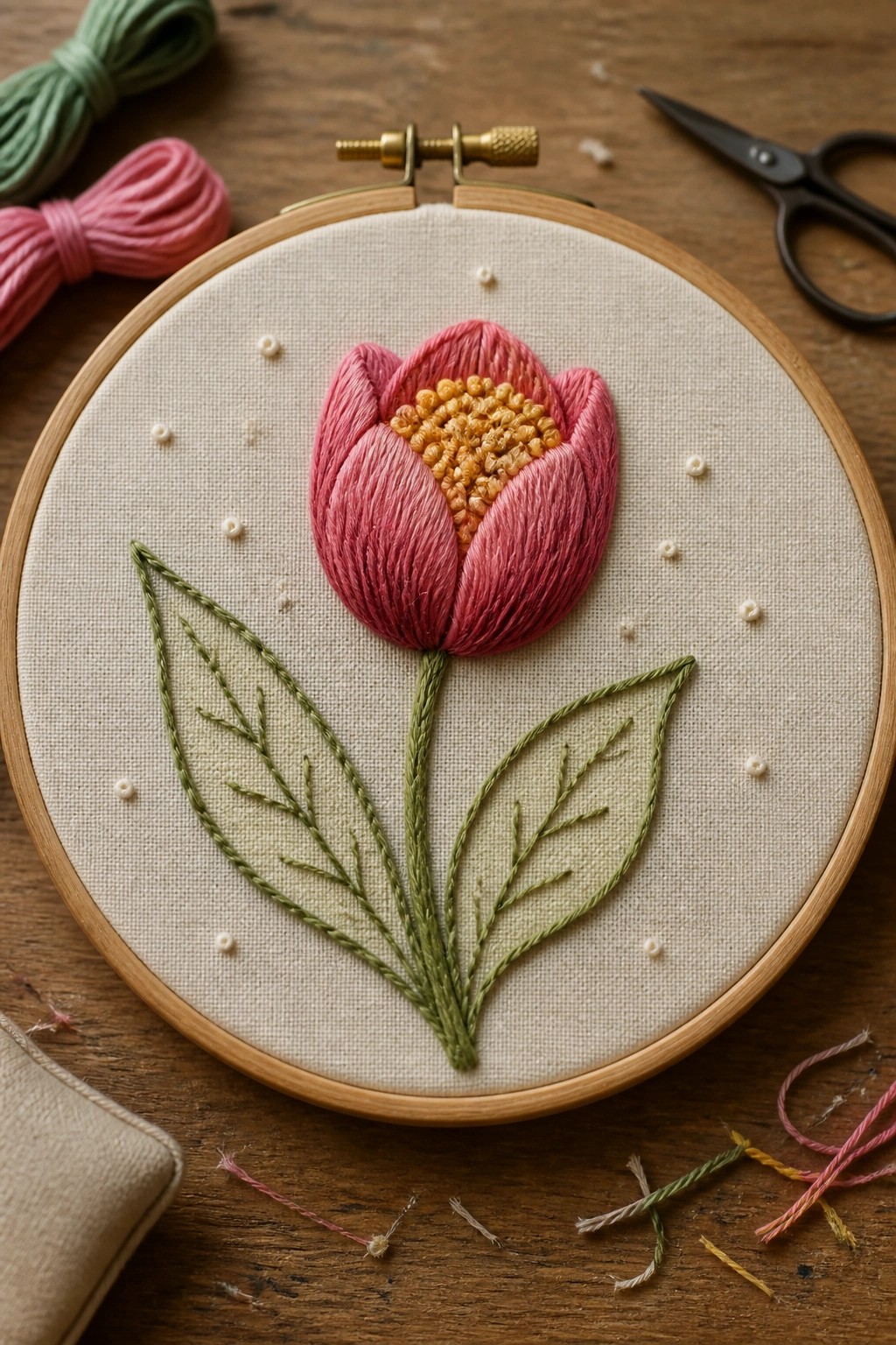 Pink tulip embroidery in wooden hoop with green leaves amid pink thread and scissors