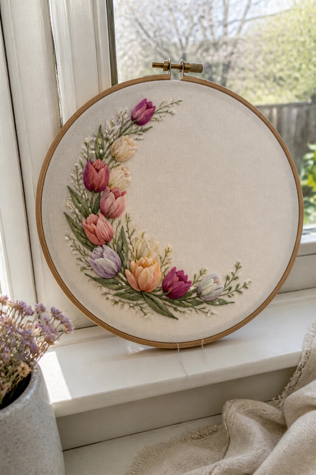 Embroidery hoop with pastel tulips and green leaves on sunny windowsill