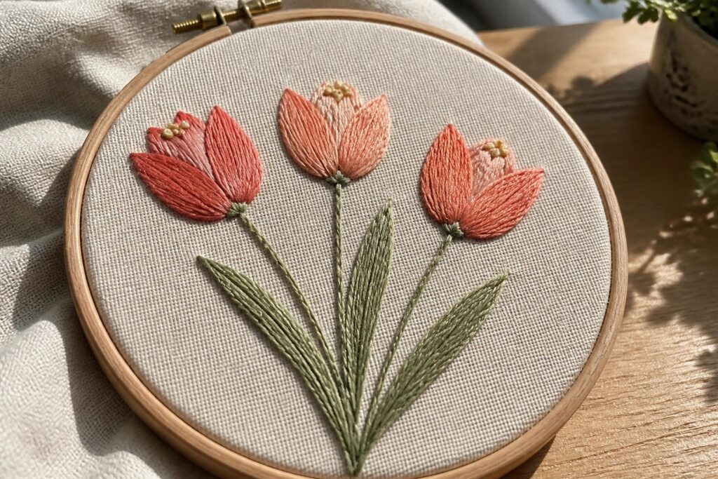 23 Lovely Tulip Flower Embroidery Designs for Spring-Themed Hoops Embroidery hoop with three pink and peach tulips and green leaves on beige fabric