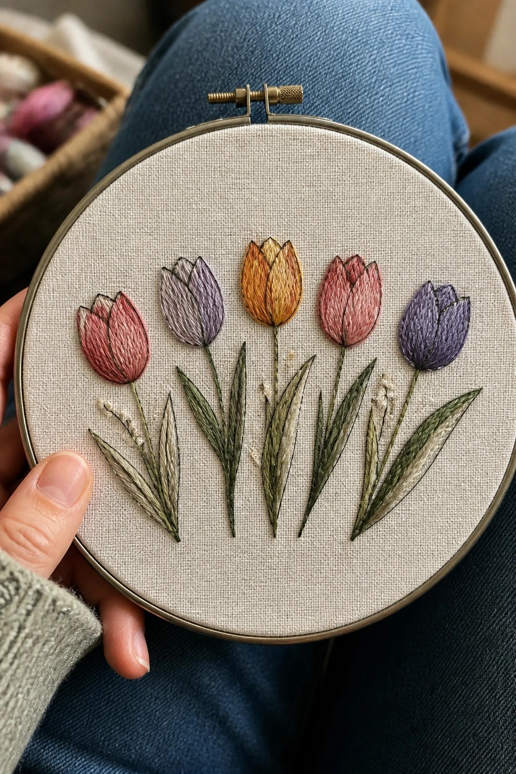Hand holding embroidery hoop with colorful tulips over blue denim jeans