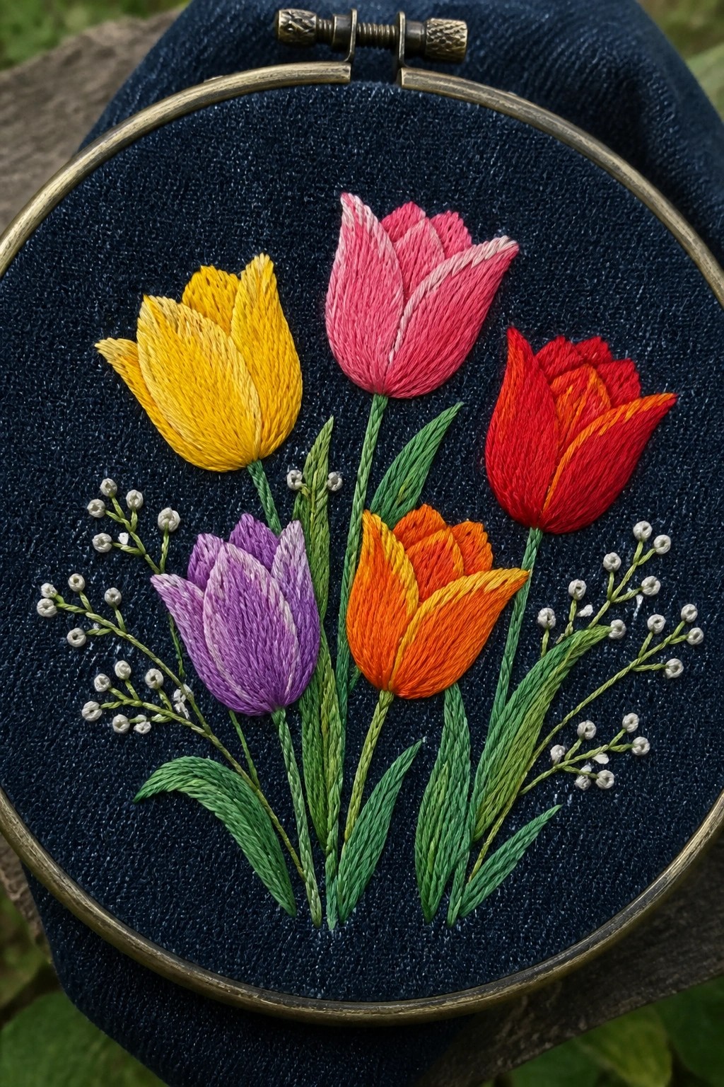 Colorful embroidered tulips in yellow, pink, red, orange, and purple on blue fabric in hoop.