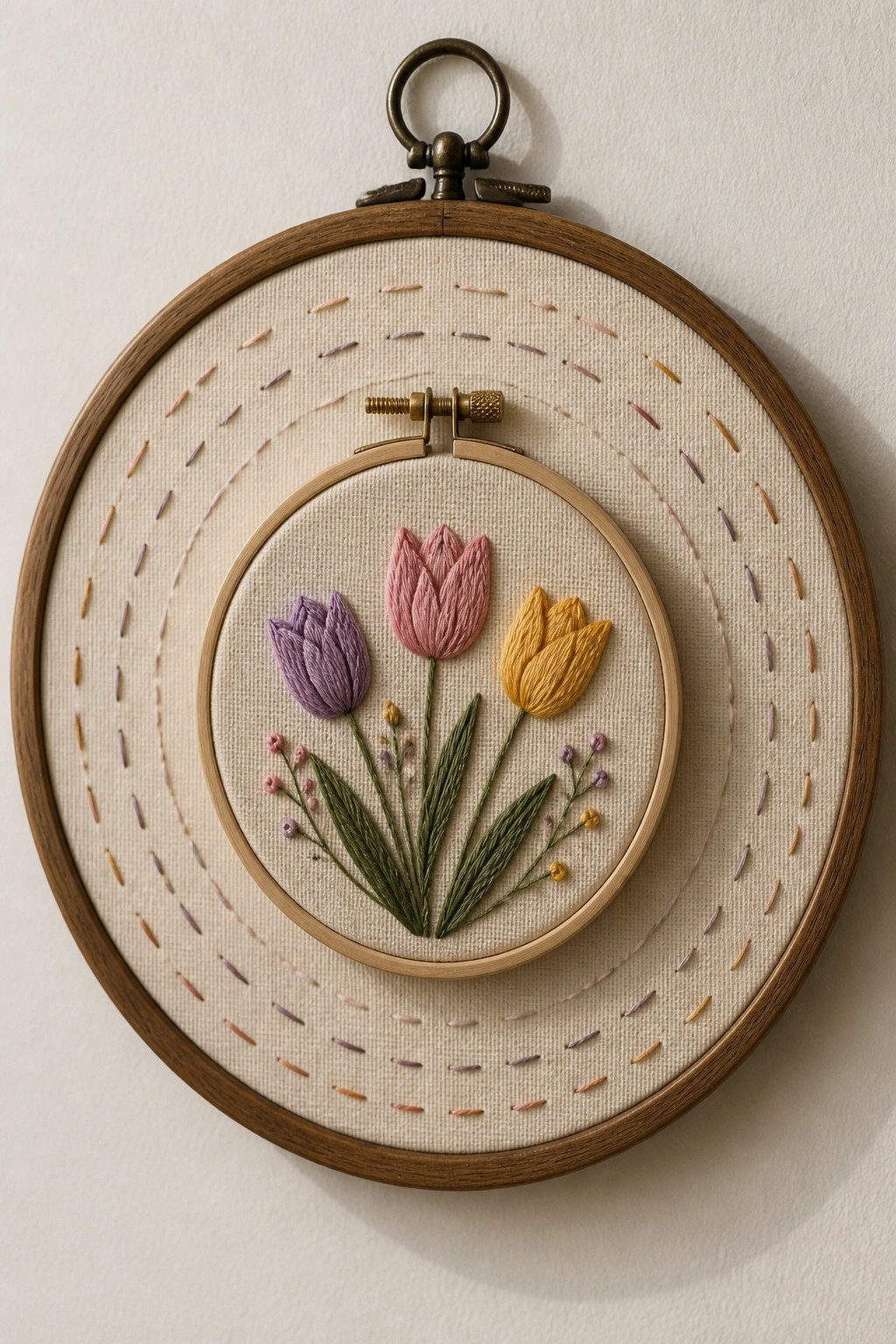 Three tulips in purple, pink, and yellow with green leaves are embroidered in a small hoop set inside a larger hoop with scattered colorful dashed stitches.