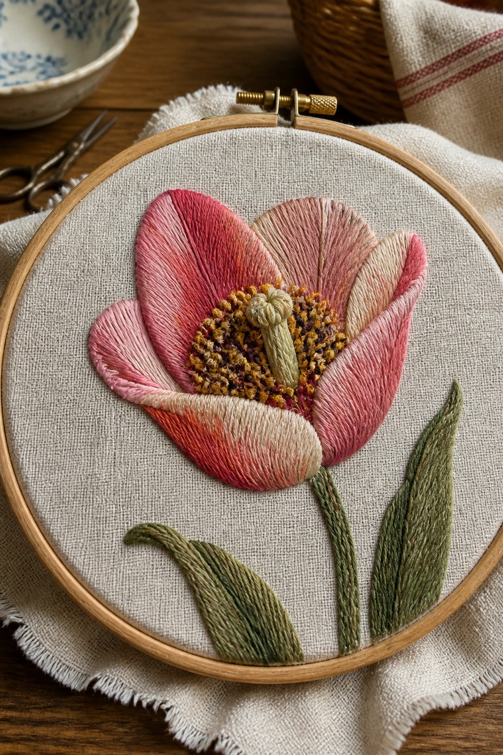 Pink and red embroidered tulip with green leaves in wooden hoop on linen