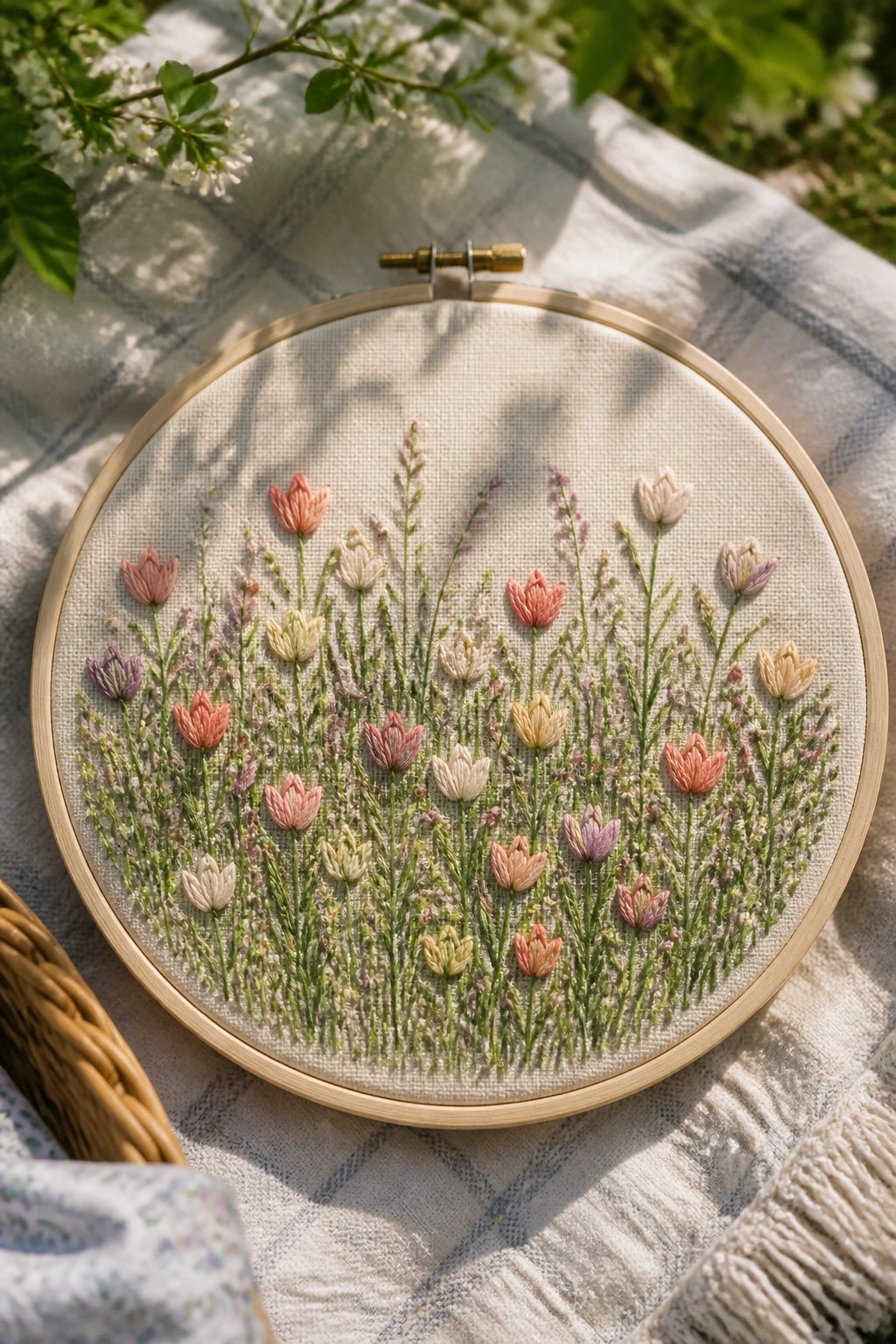 Wooden hoop with pastel wildflower embroidery on checkered picnic blanket in sunlight.