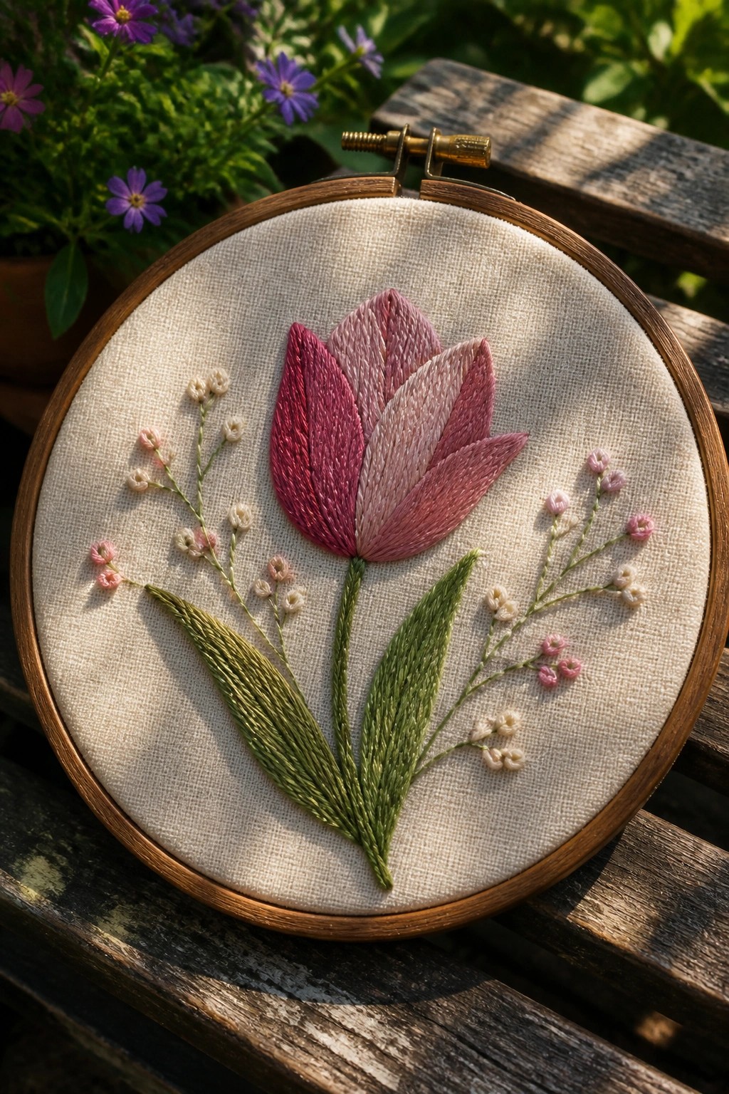 Pink tulip embroidery with green leaves in wooden hoop on bench