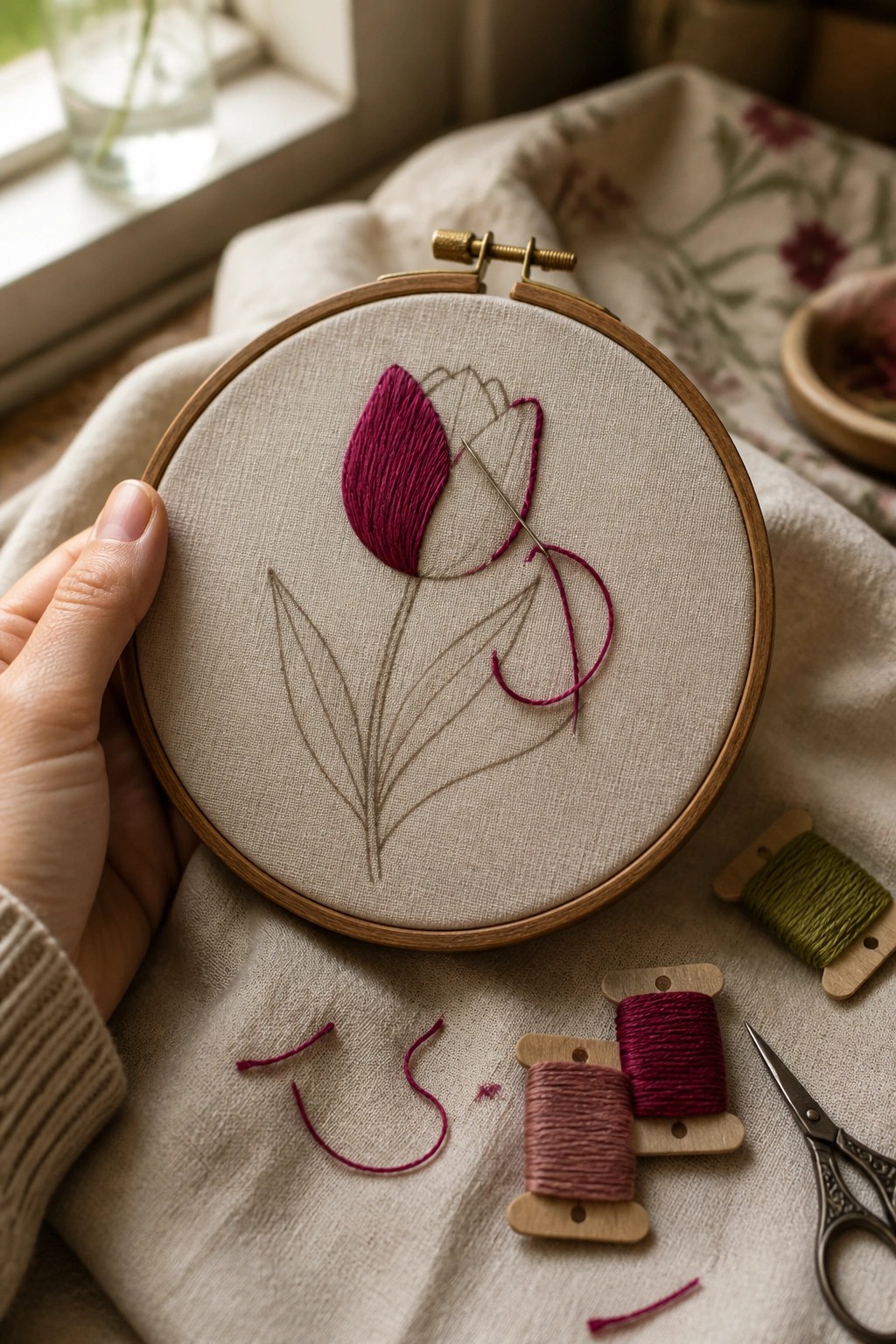 Hand holds embroidery hoop with magenta tulip, needle, thread spools and scissors on fabric.