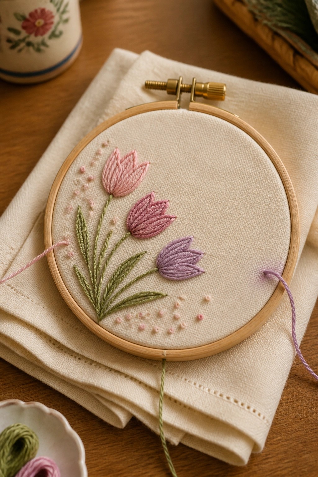 Embroidery hoop with pink and purple tulips stitched on white fabric