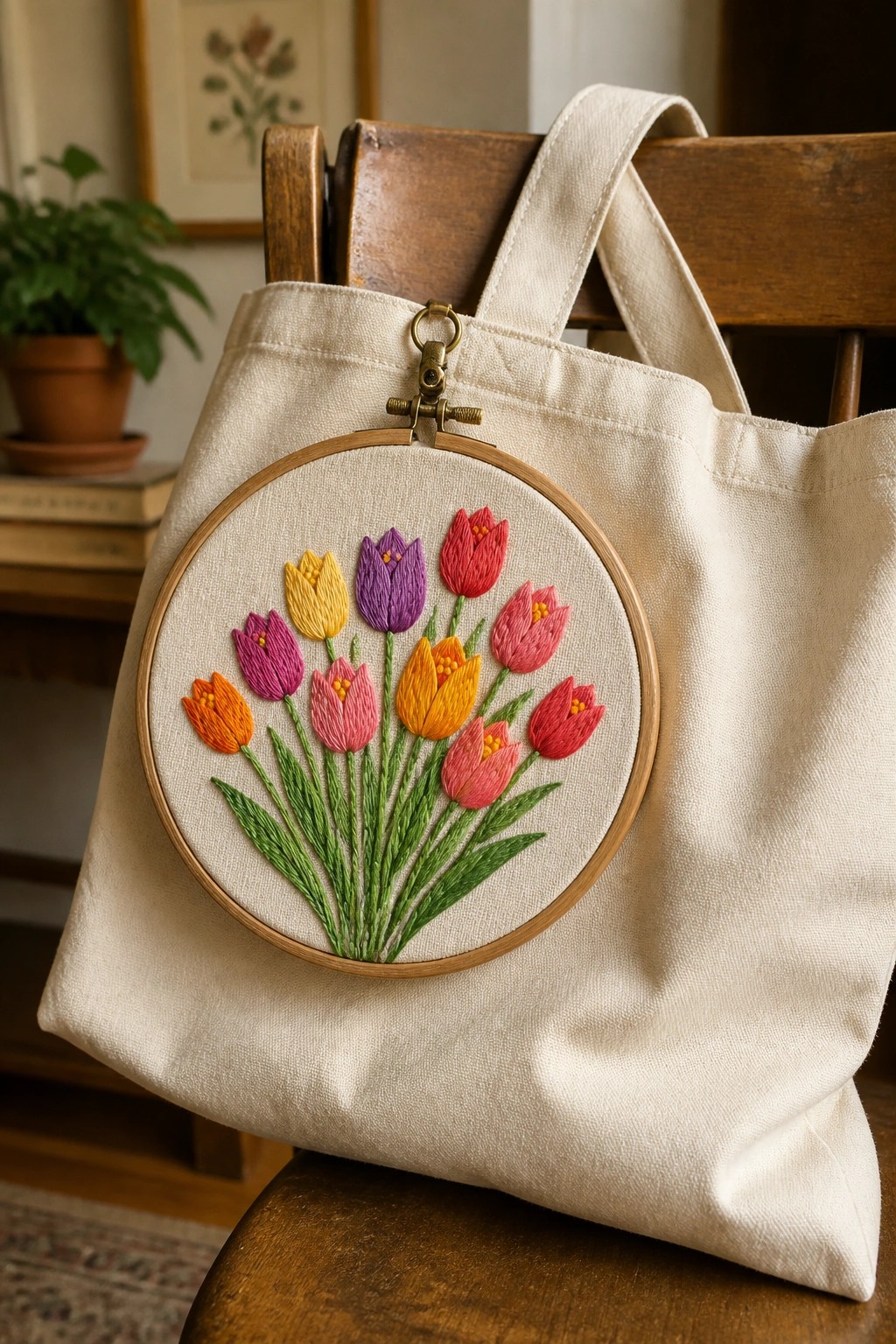 Colorful embroidered tulips in wooden hoop on canvas tote bag on chair.