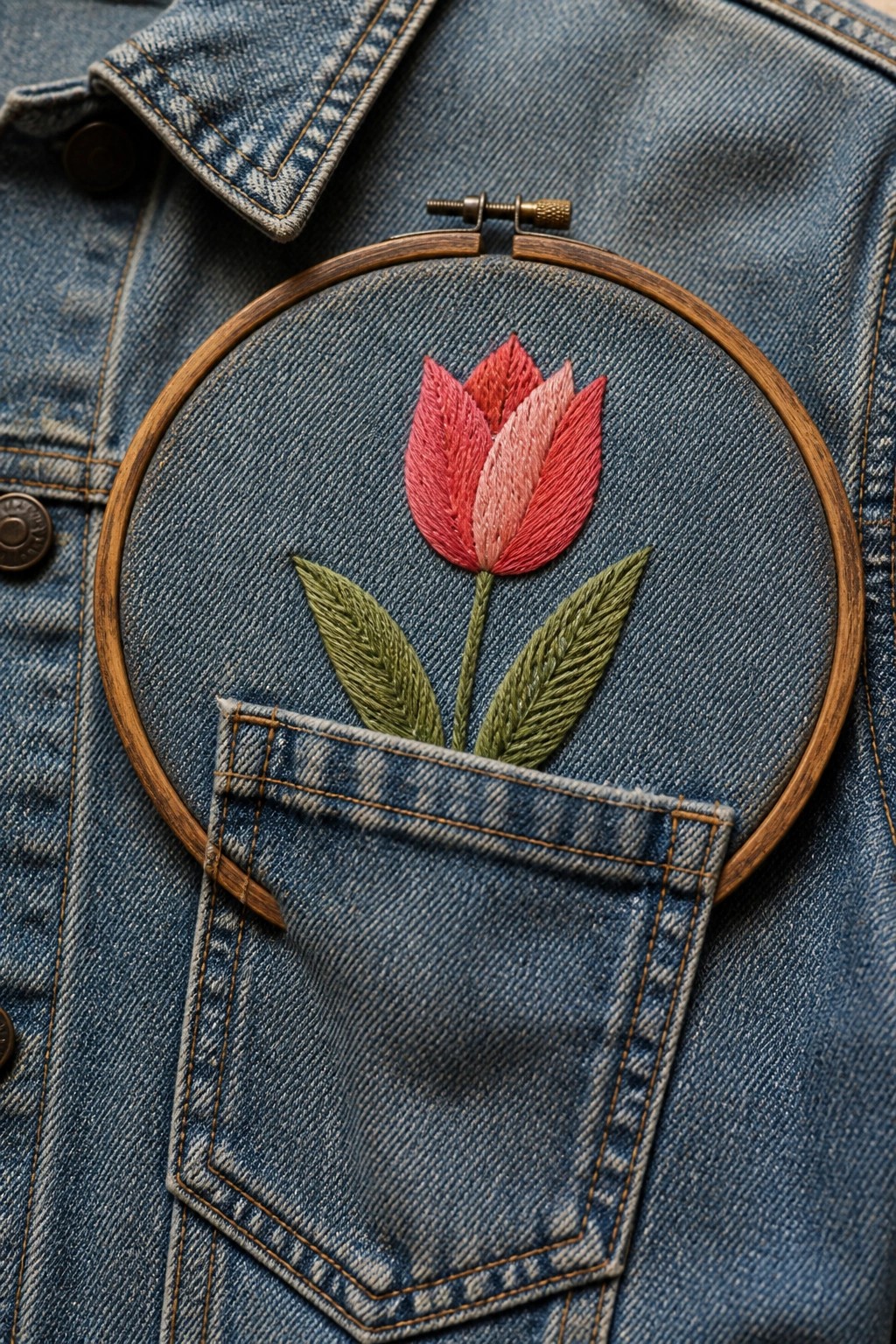 Embroidered red tulip in wooden hoop over blue denim jacket pocket
