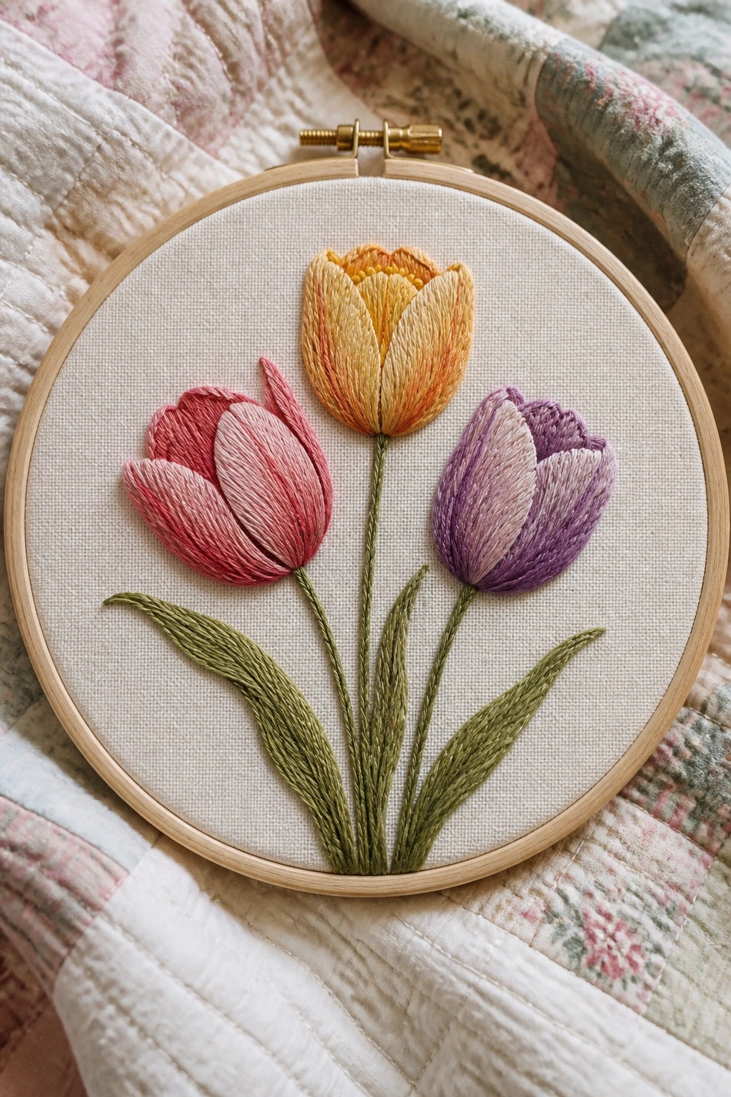 Three embroidered tulips in pink, yellow, and purple with green stems in wooden hoop