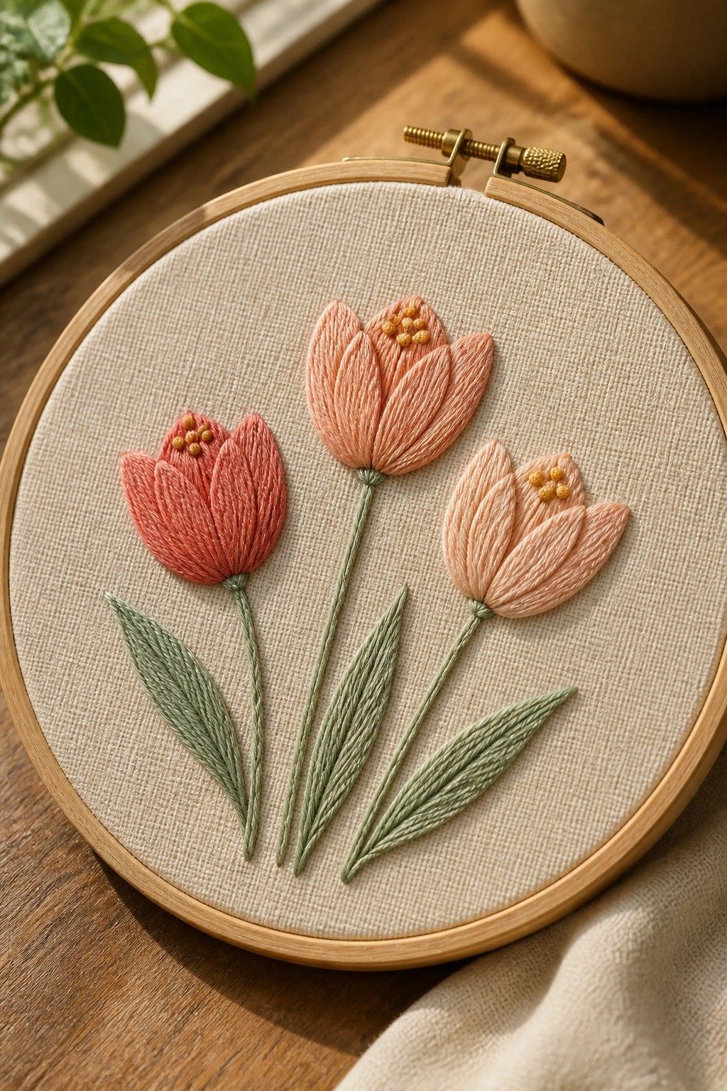 Embroidery hoop with three pink and peach tulips and green leaves on beige fabric