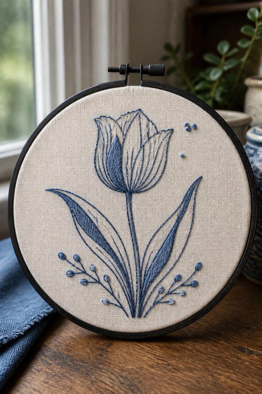 Blue tulip embroidery in black hoop on wooden table with fabric.
