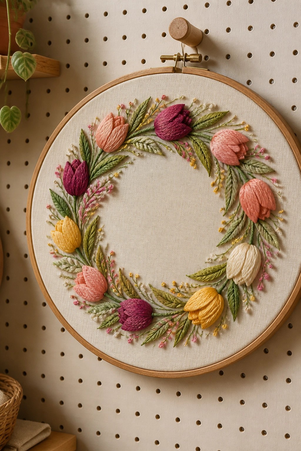 Floral embroidery wreath of pink purple yellow tulips in wooden hoop