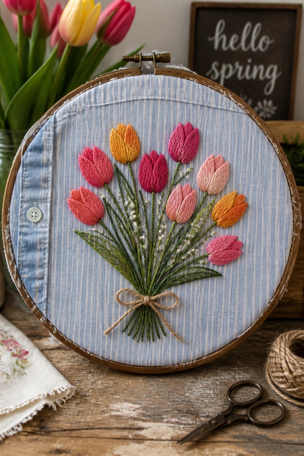 Colorful embroidered tulips bouquet tied with twine in wooden hoop on blue fabric