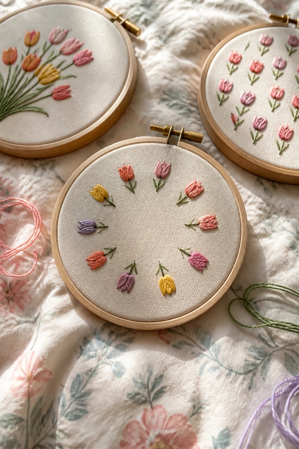 Three embroidery hoops with colorful tulip stitches on floral fabric amid loose threads.