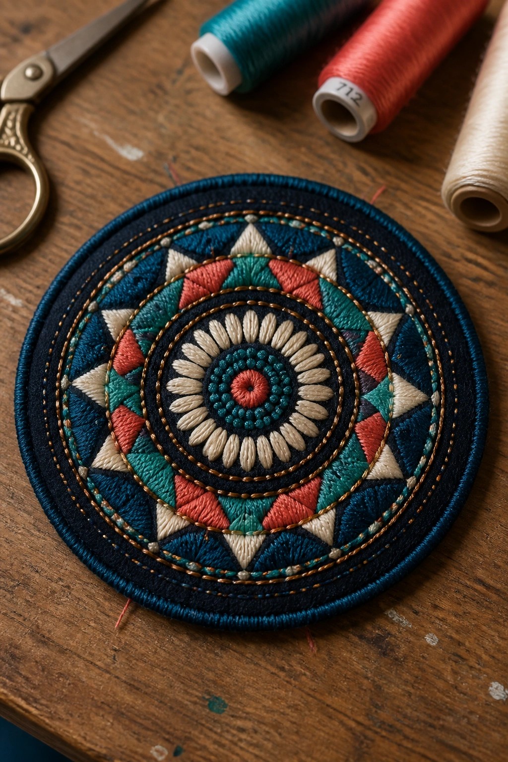 Circular embroidered mandala in teal, coral, and cream with thread spools and scissors
