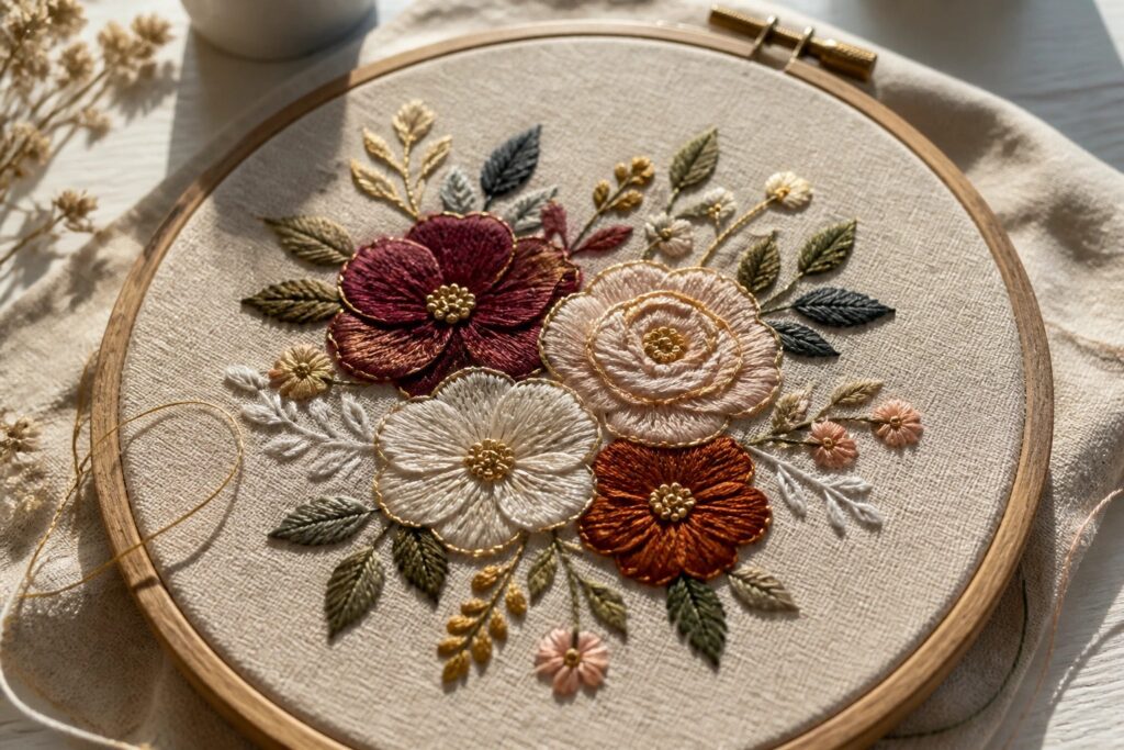 23 Modern Embroidery Designs Using Metallic Thread Accents Wooden hoop with embroidered pink, burgundy, and white flowers plus green leaves and gold accents