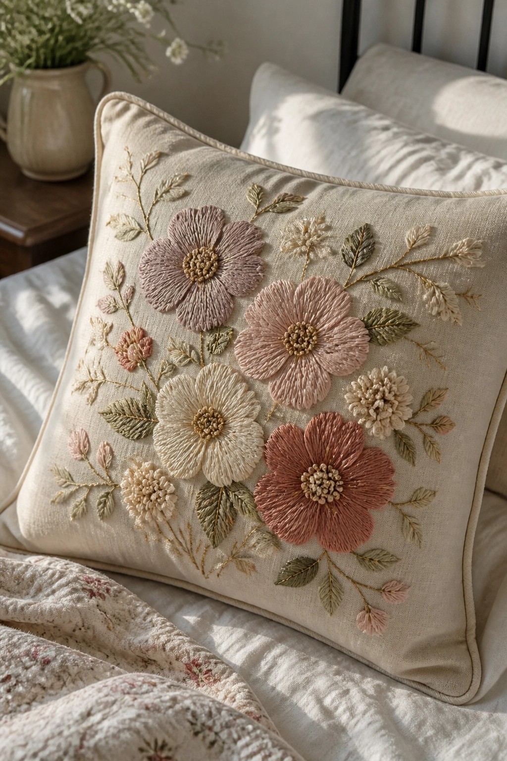 A beige pillow cover embroidered with pink, peach, and cream flowers and gold metallic stems and leaves resting on a bed.