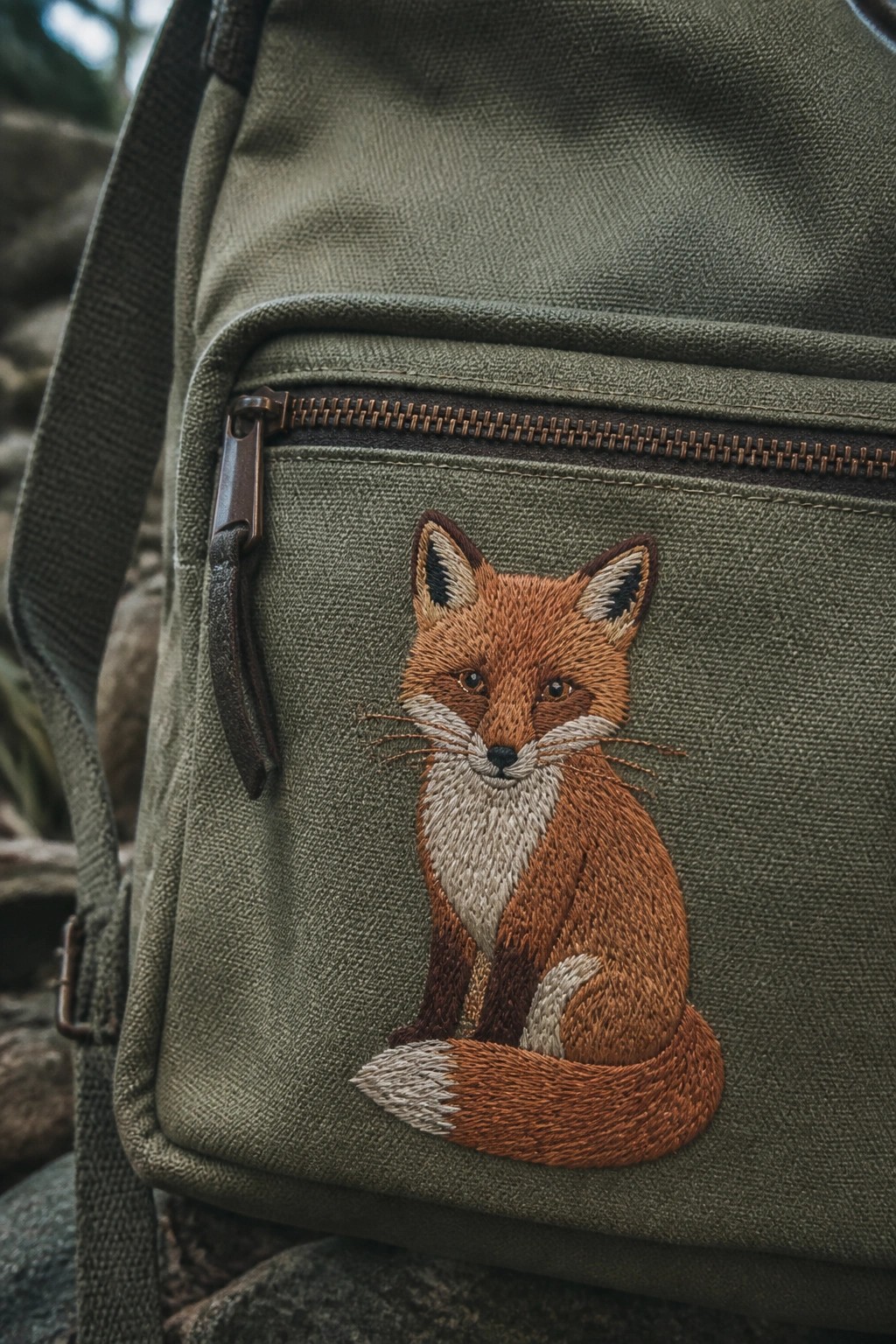 Embroidered orange fox on olive green canvas bag with brown zipper
