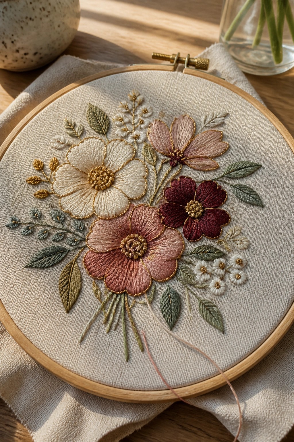 Wooden hoop with embroidered pink, burgundy, and white flowers plus green leaves and gold accents
