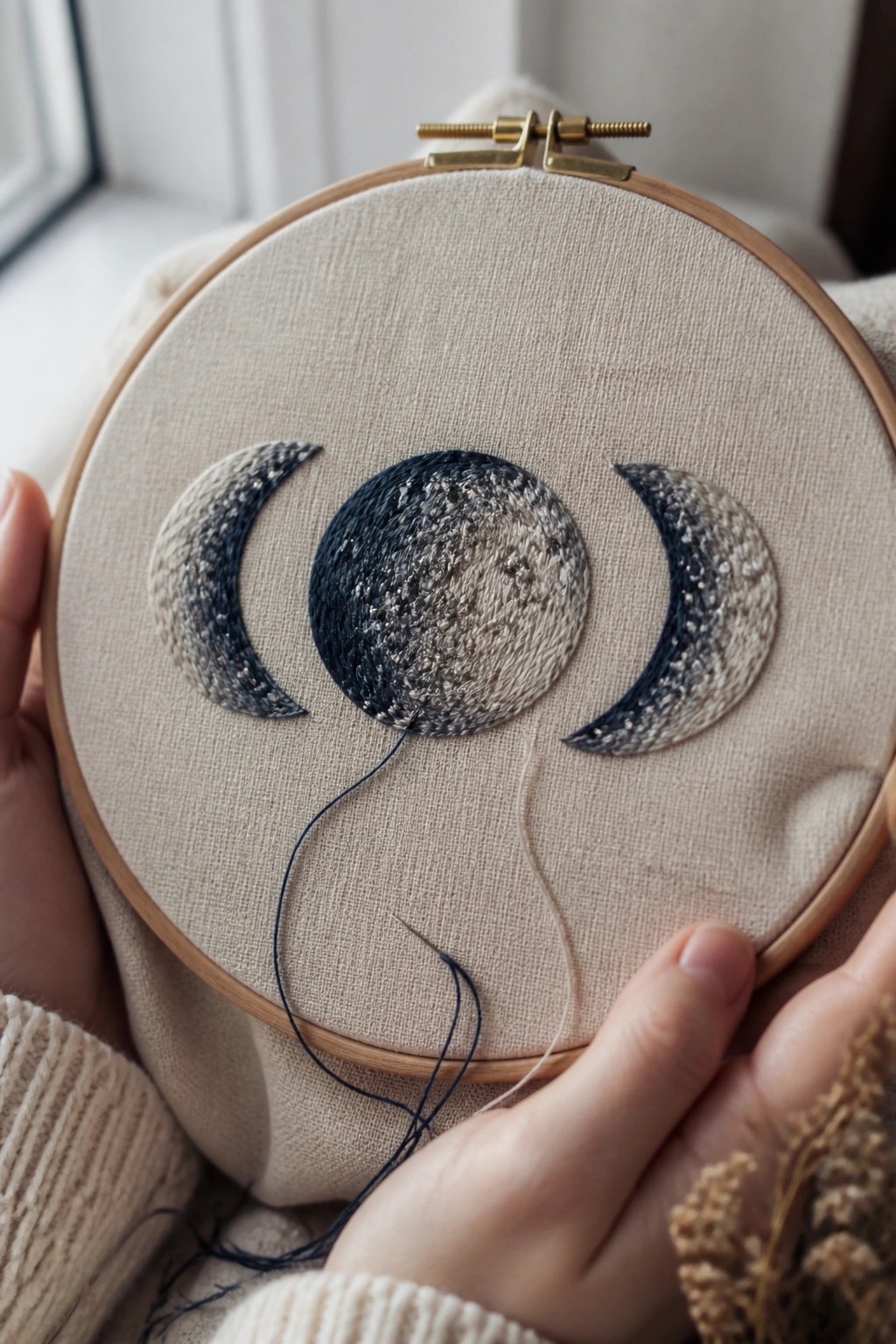 Hands in cream sweater hold wooden hoop with blue-gray moon phase embroidery.
