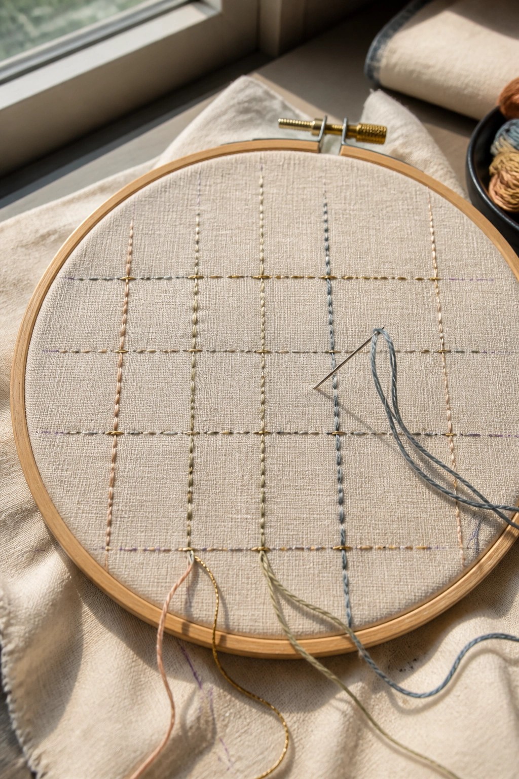 Wooden embroidery hoop with pastel grid stitches and needle on beige fabric