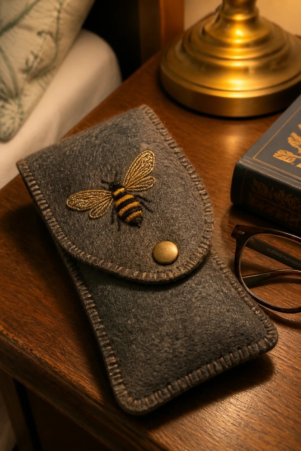 A gray felt pouch with a bee embroidered in gold metallic thread on the flap rests on a wooden table.