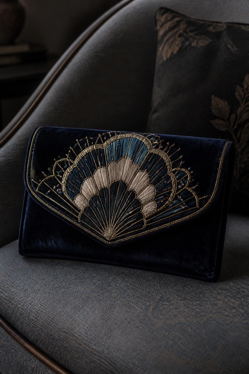 Navy velvet clutch with gold-embroidered fan design on gray upholstered chair