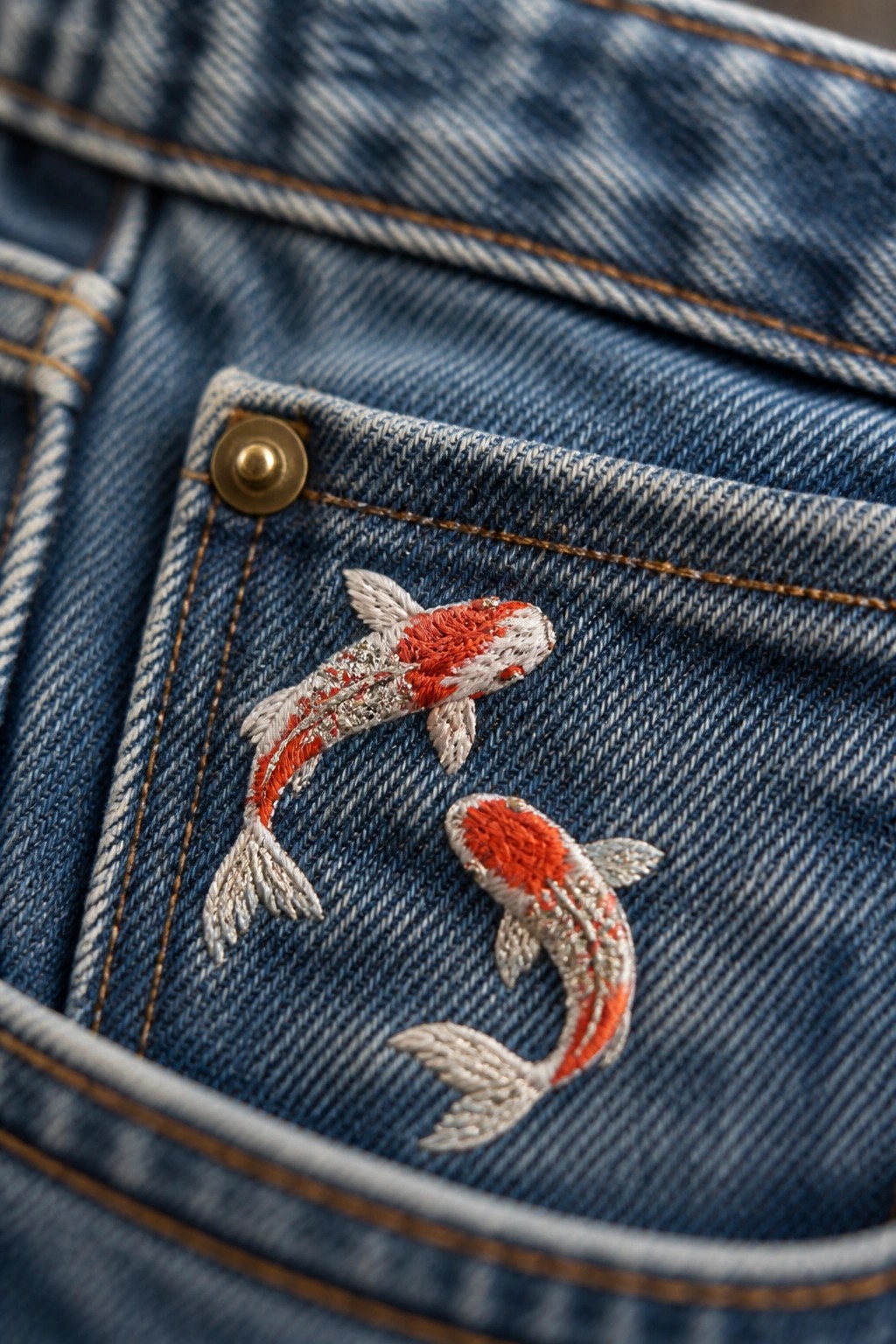 Blue denim jeans pocket with red and white embroidered koi fish.