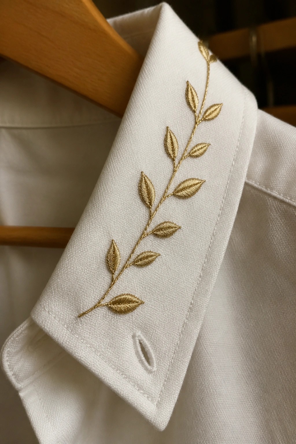 White shirt cuff with delicate gold embroidered leafy vine on hanger