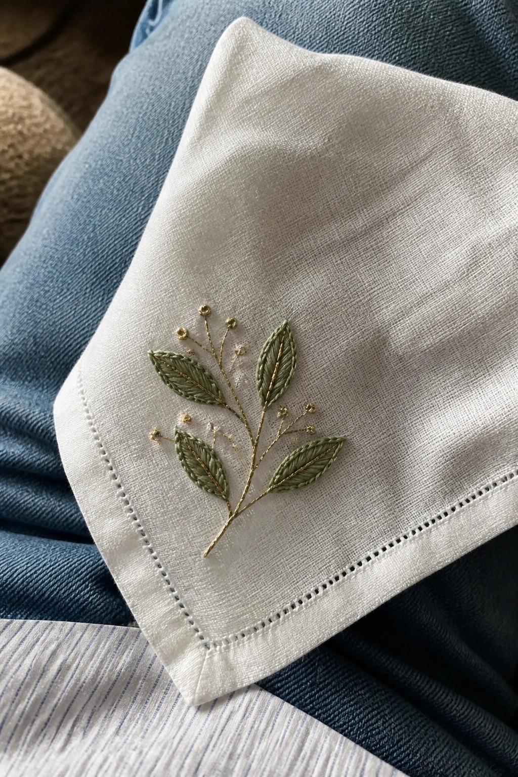 White embroidered cloth with green leaves and gold berries on blue denim jeans