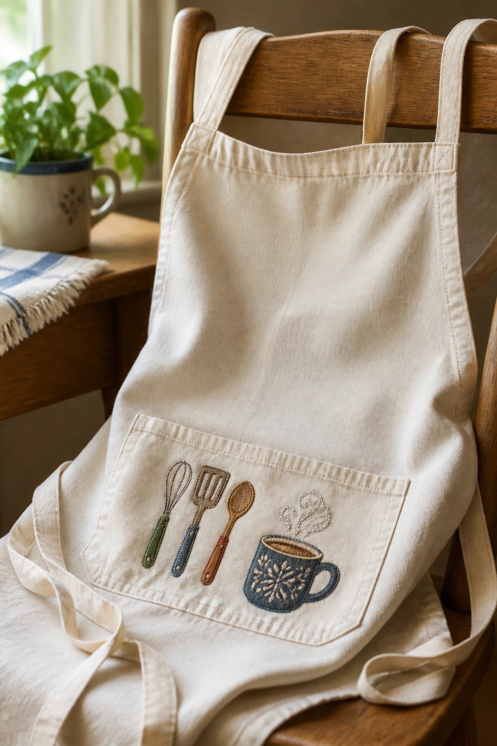 Beige apron with embroidered kitchen utensils and mug on wooden chair