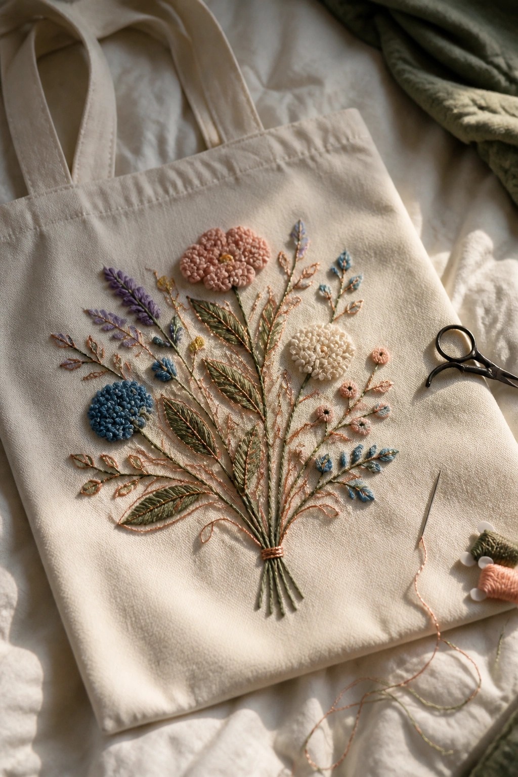 Cream tote bag with colorful embroidered wildflower bouquet, scissors and threads nearby
