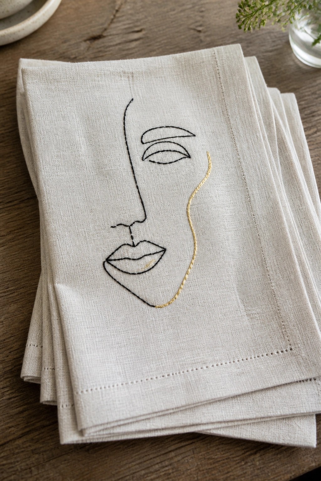A stack of folded off-white linen napkins with a minimalist embroidered face in black and gold thread.