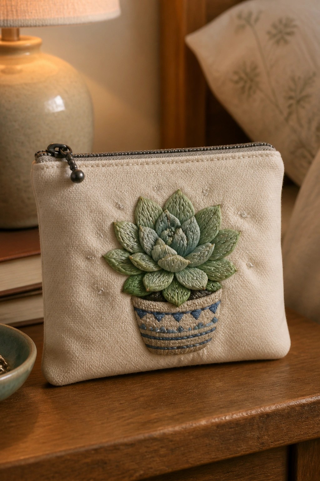 Beige zippered pouch embroidered with green succulent in patterned pot on wood.