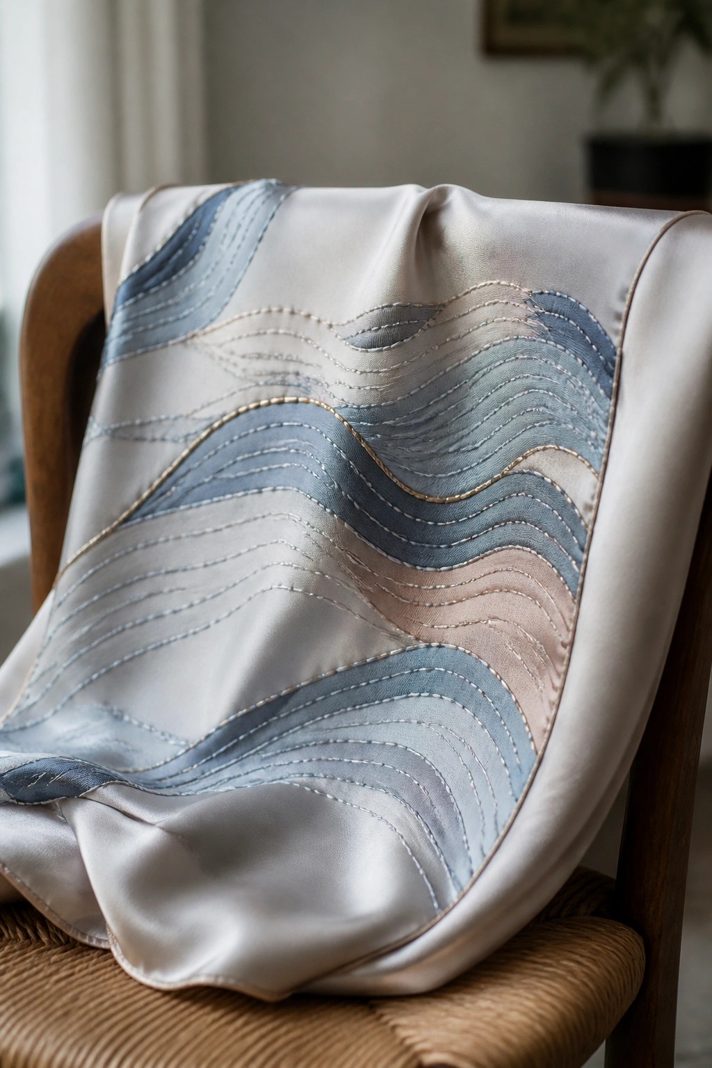 Silk scarf with blue wave embroidery draped over wooden chair