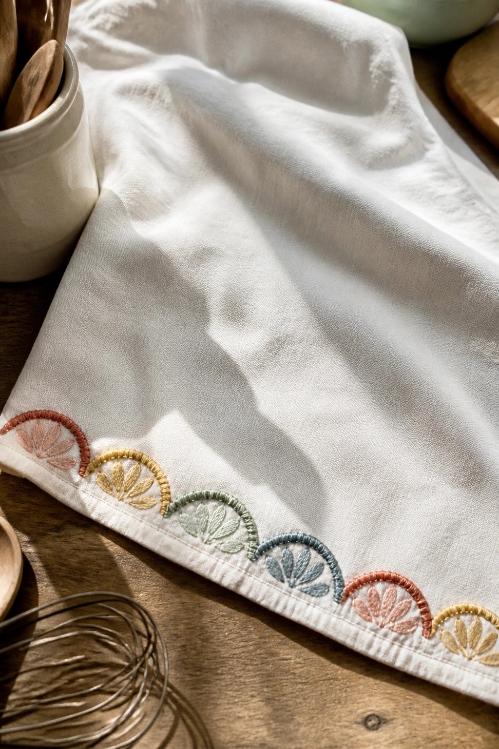 White towel with pastel embroidered scalloped leaf border on wooden surface