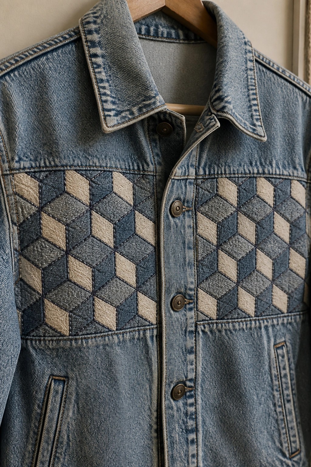 Denim jacket with quilted blue and beige diamond patterns on wooden hanger.