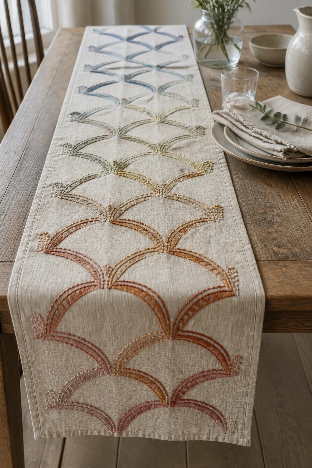 Beige embroidered table runner with rainbow scallop pattern on wooden dining table