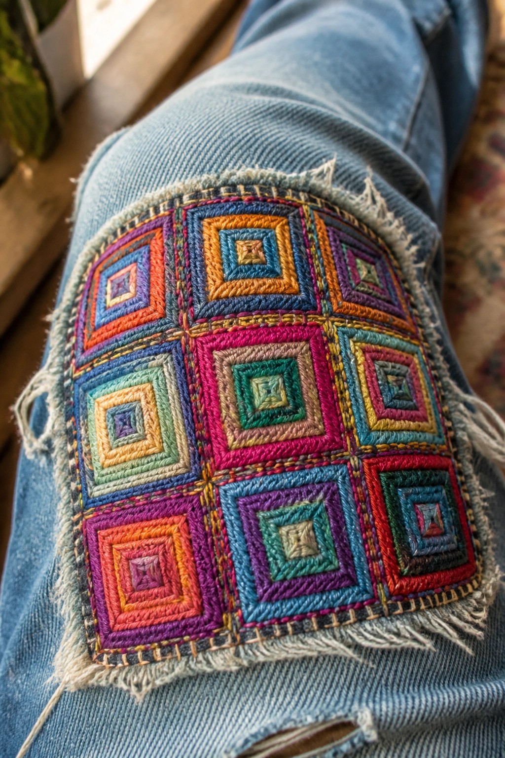 Colorful geometric embroidery patch on ripped knee of blue denim jeans