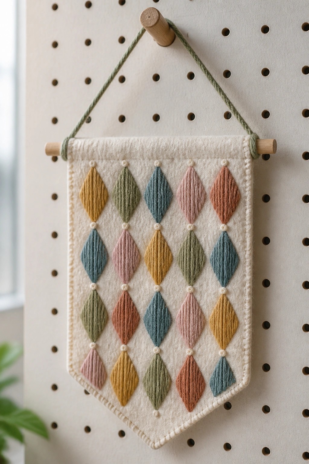 White felt wall hanging with rows of colorful yarn diamond patterns on wooden dowel