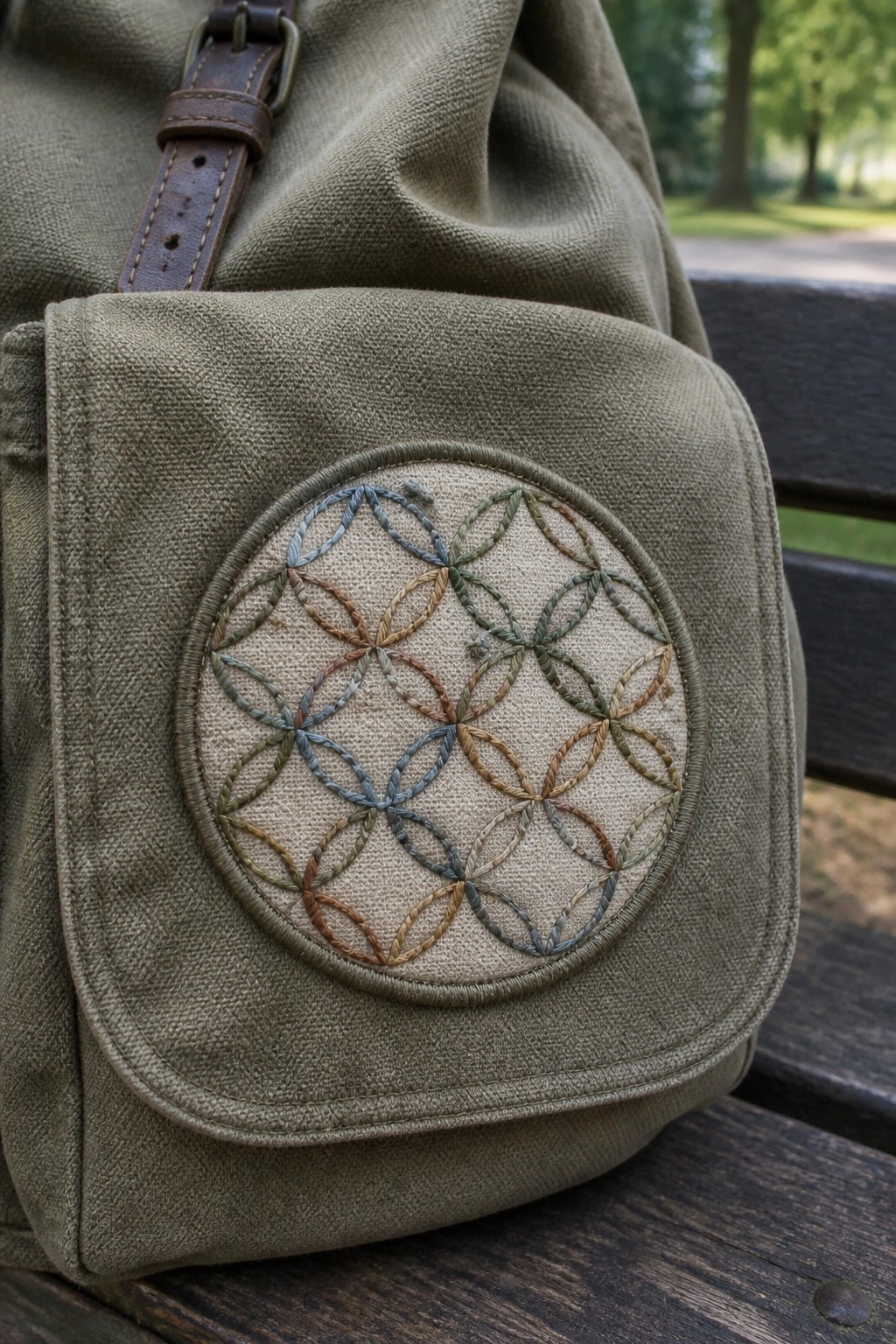 Olive green canvas bag with multicolored embroidered circle on wooden park bench