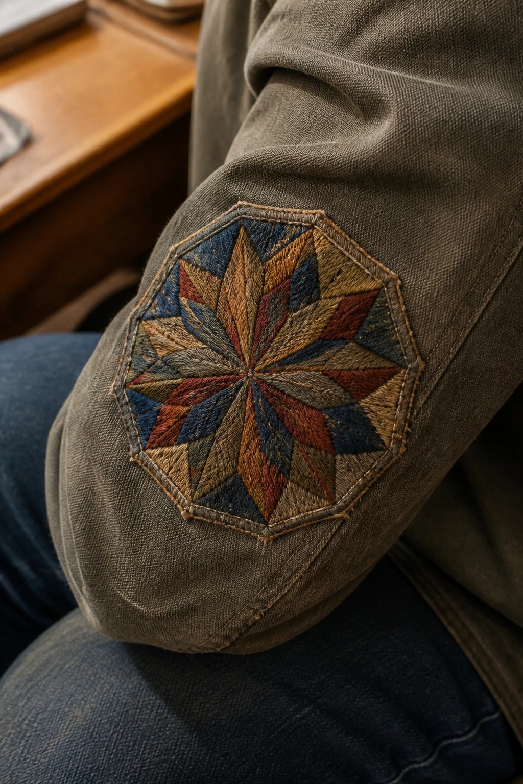 Colorful geometric embroidery patch on elbow of olive green jacket sleeve.