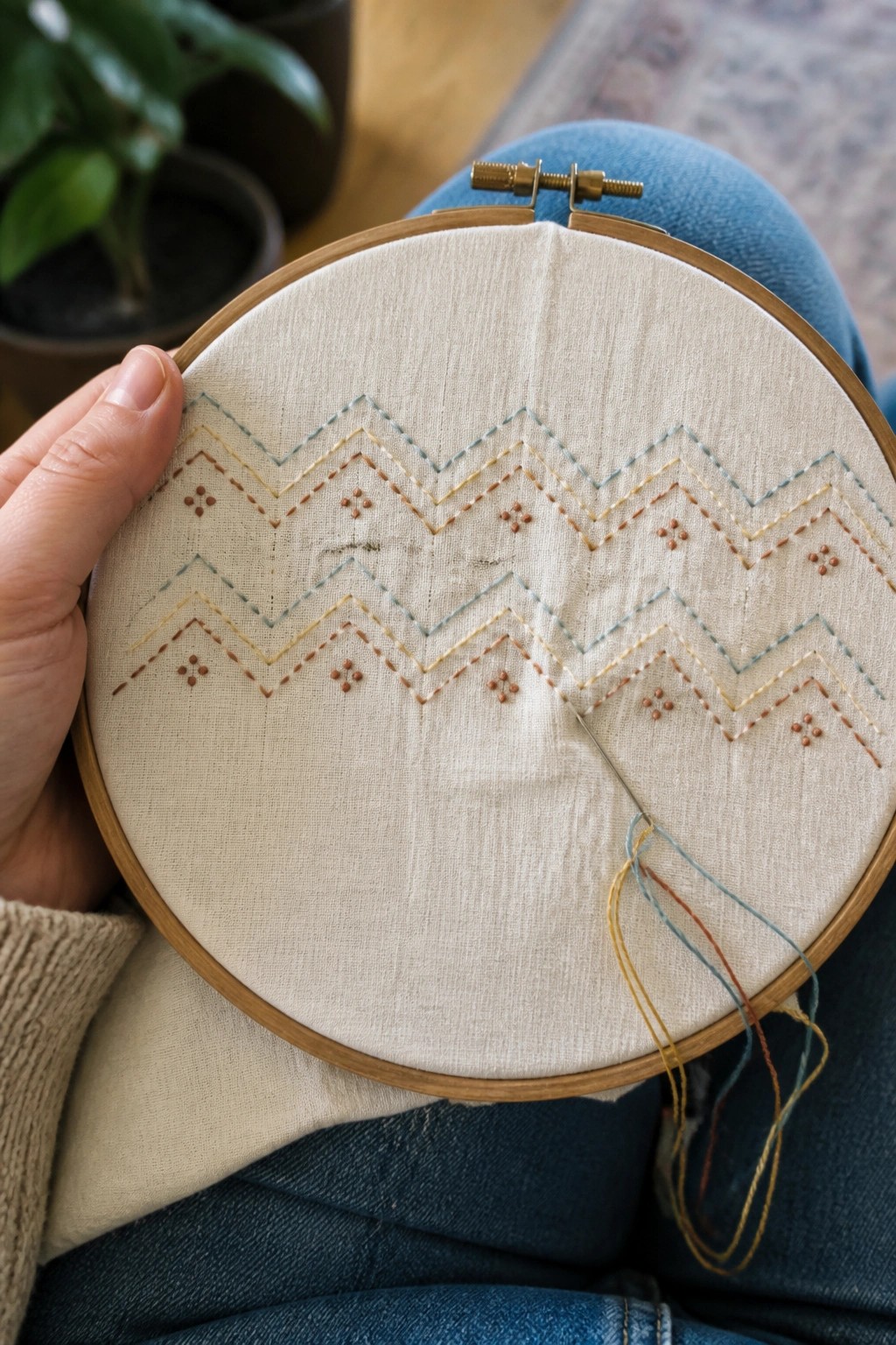 Hand holding embroidery hoop with colorful zigzag stitches over blue jeans