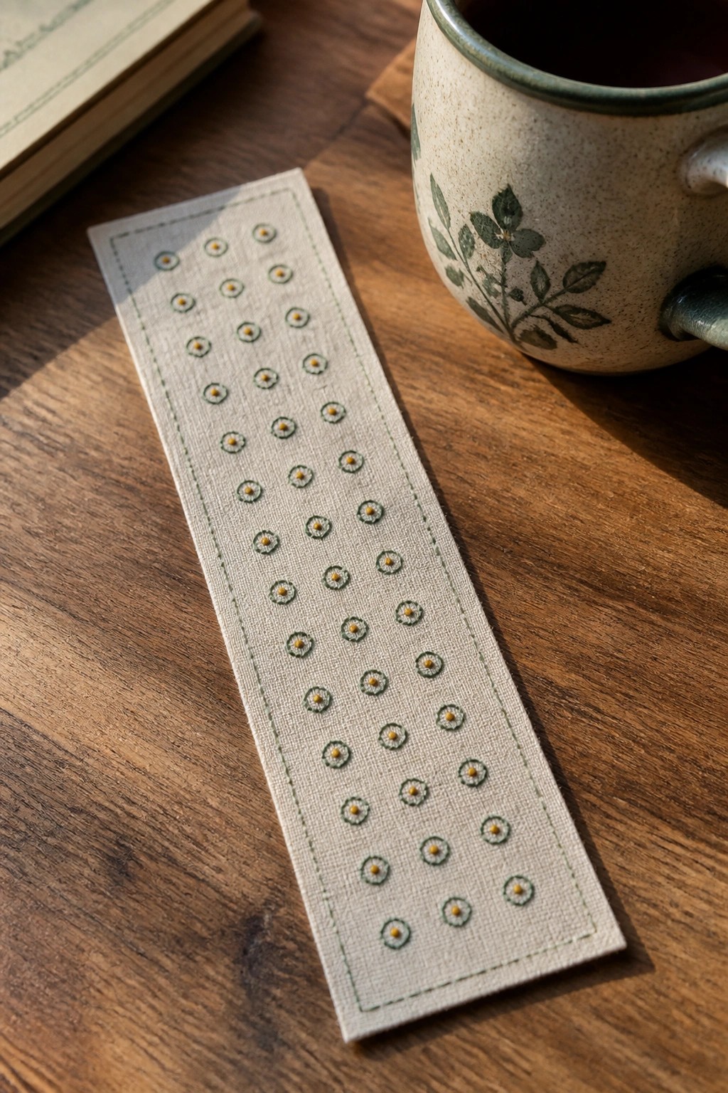 Embroidered daisy bookmark on wood beside floral ceramic mug and open book.