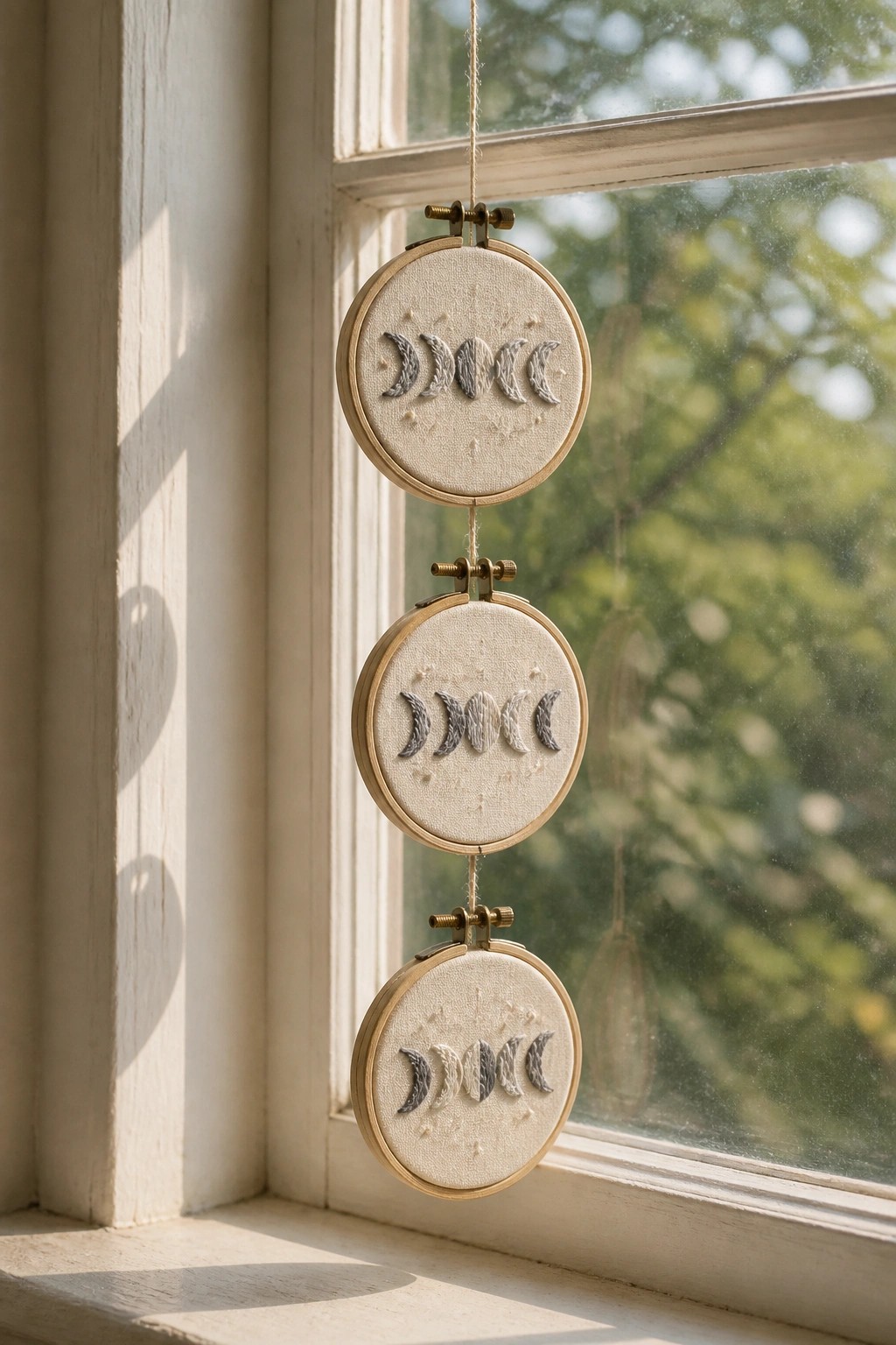 Three hanging embroidery hoops with moon phase designs in a sunny window.