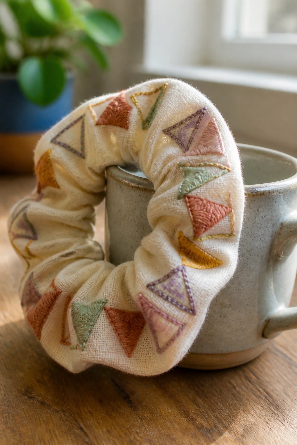 A cream fabric scrunchie covered in embroidered triangles in rust, green, purple, and gold rests on a ceramic mug.