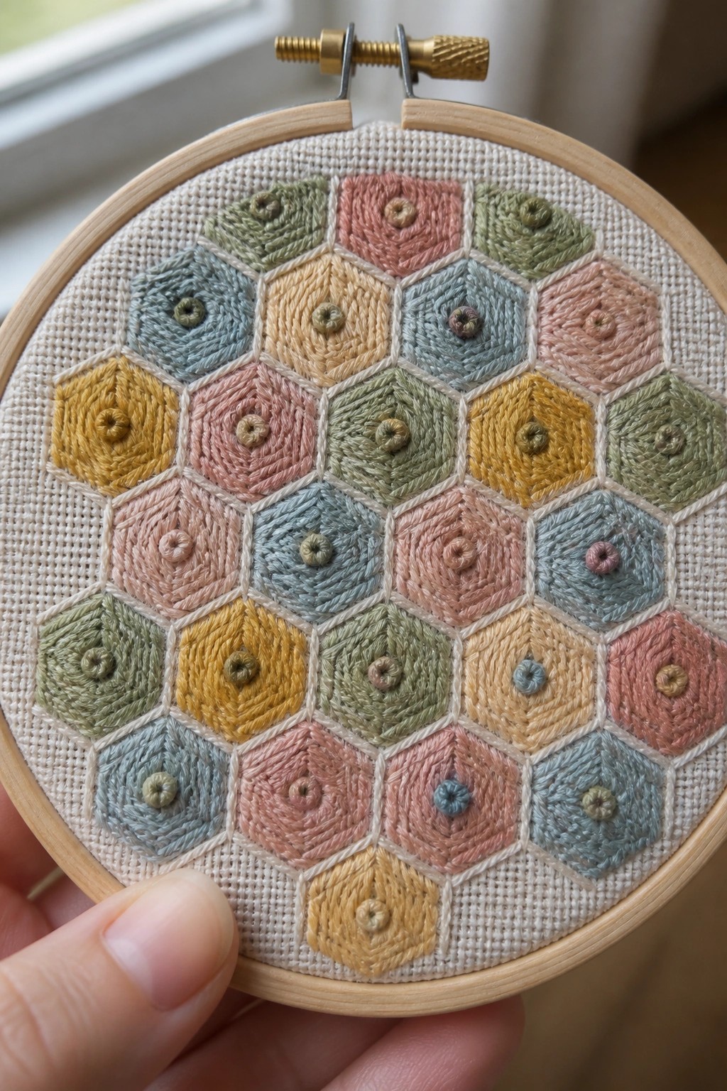 Hand holding wooden hoop with pastel hexagonal embroidery in pink, blue, yellow, and green.