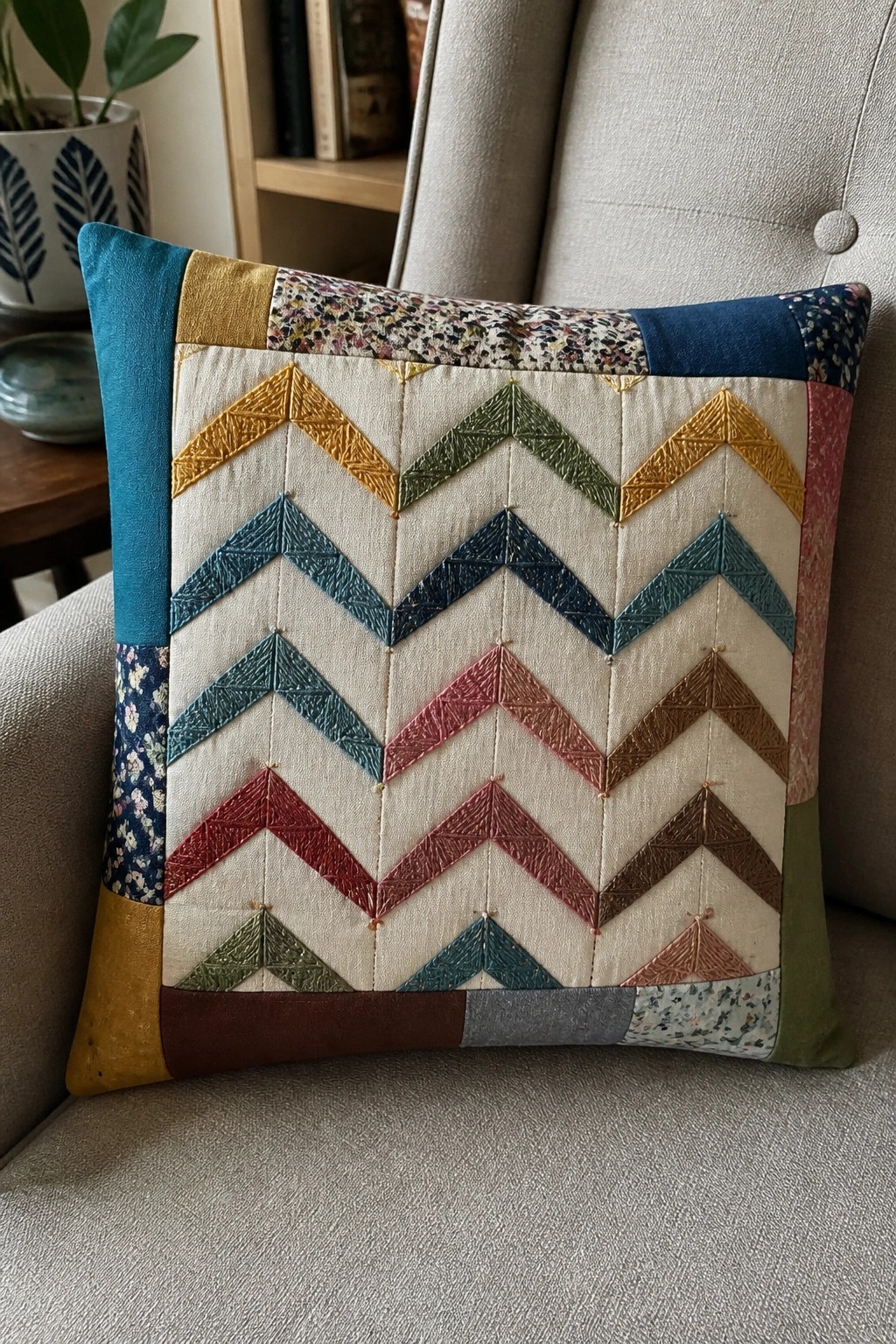 Colorful quilted pillow with embroidered chevron pattern on beige armchair.